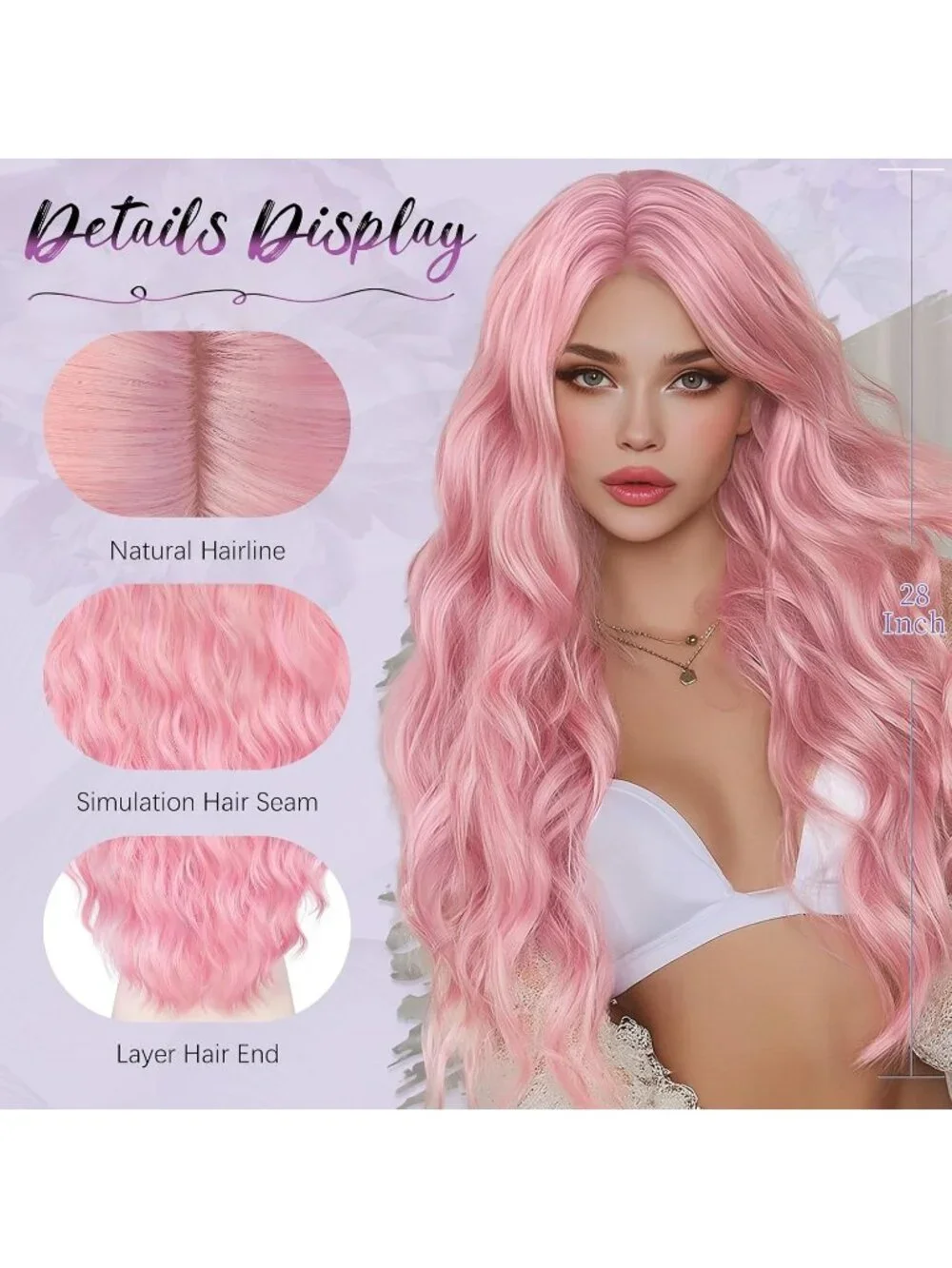 Women's Pastel Pink 28 Inch Lace Front Soft Synthetic Long Wavy Curly Wigs